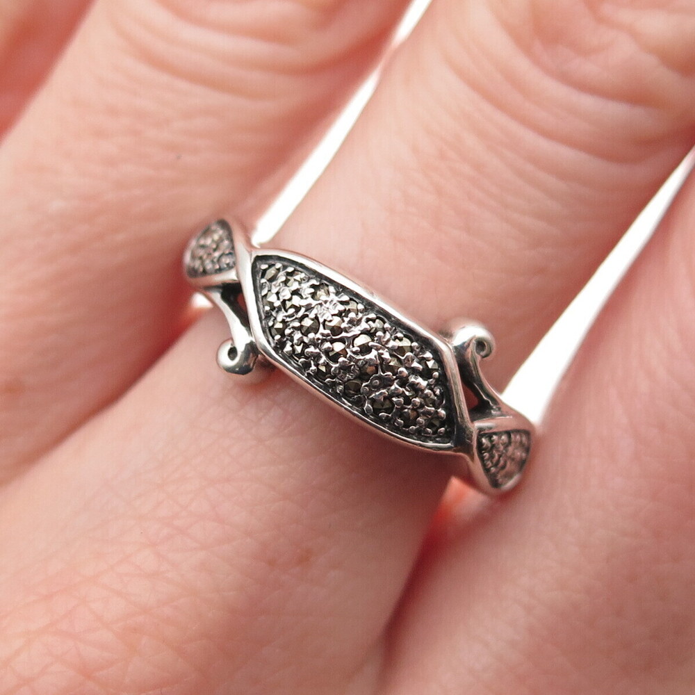 925 Sterling Silver Vintage Real Marcasite Modernist Oxidized Ring Size 7